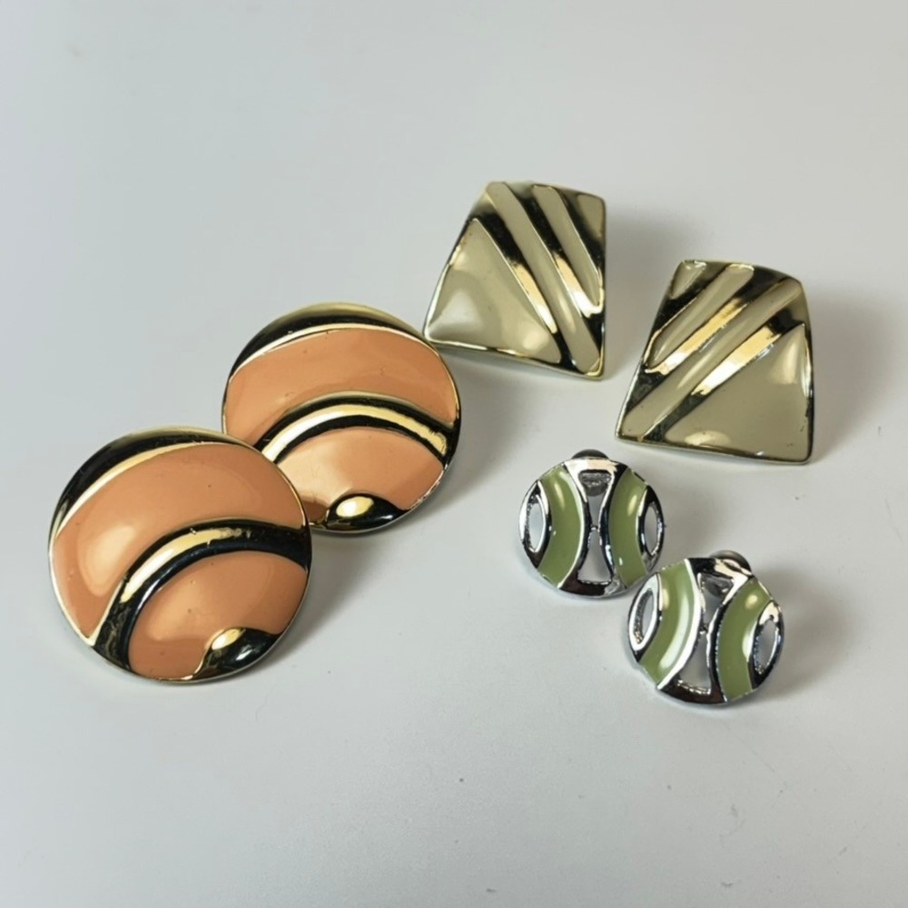 Vintage Earring Lot Peach Cream Green Enamel Geometric Statement Eclectic Retro